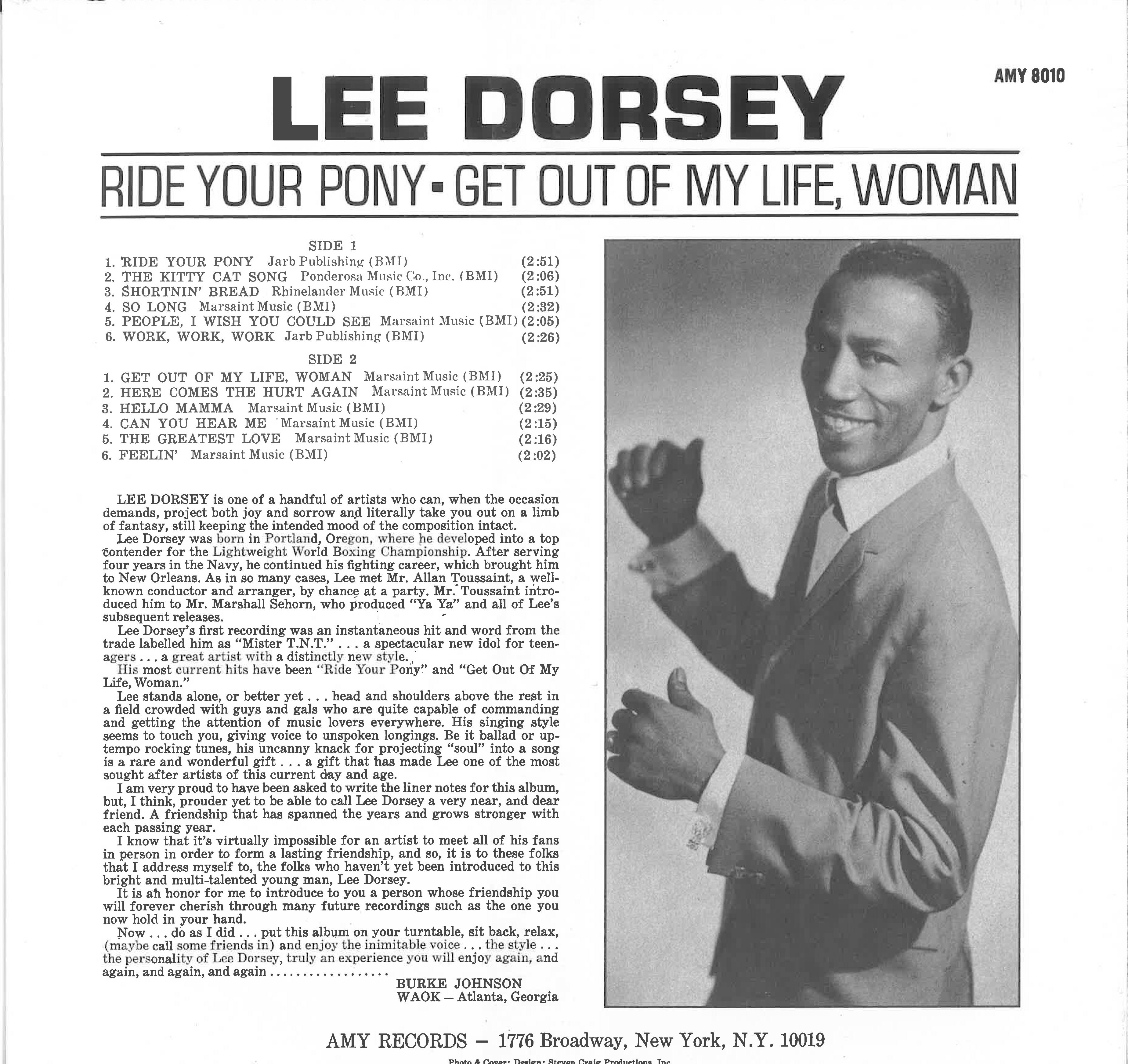 LEE DORSEY (リー・ドーシー  )  - Ride Your Pony - Get Out Of My Life Woman (US 限定復刻再発 LP/New) ノーザン名作'66年2ndアルバム。