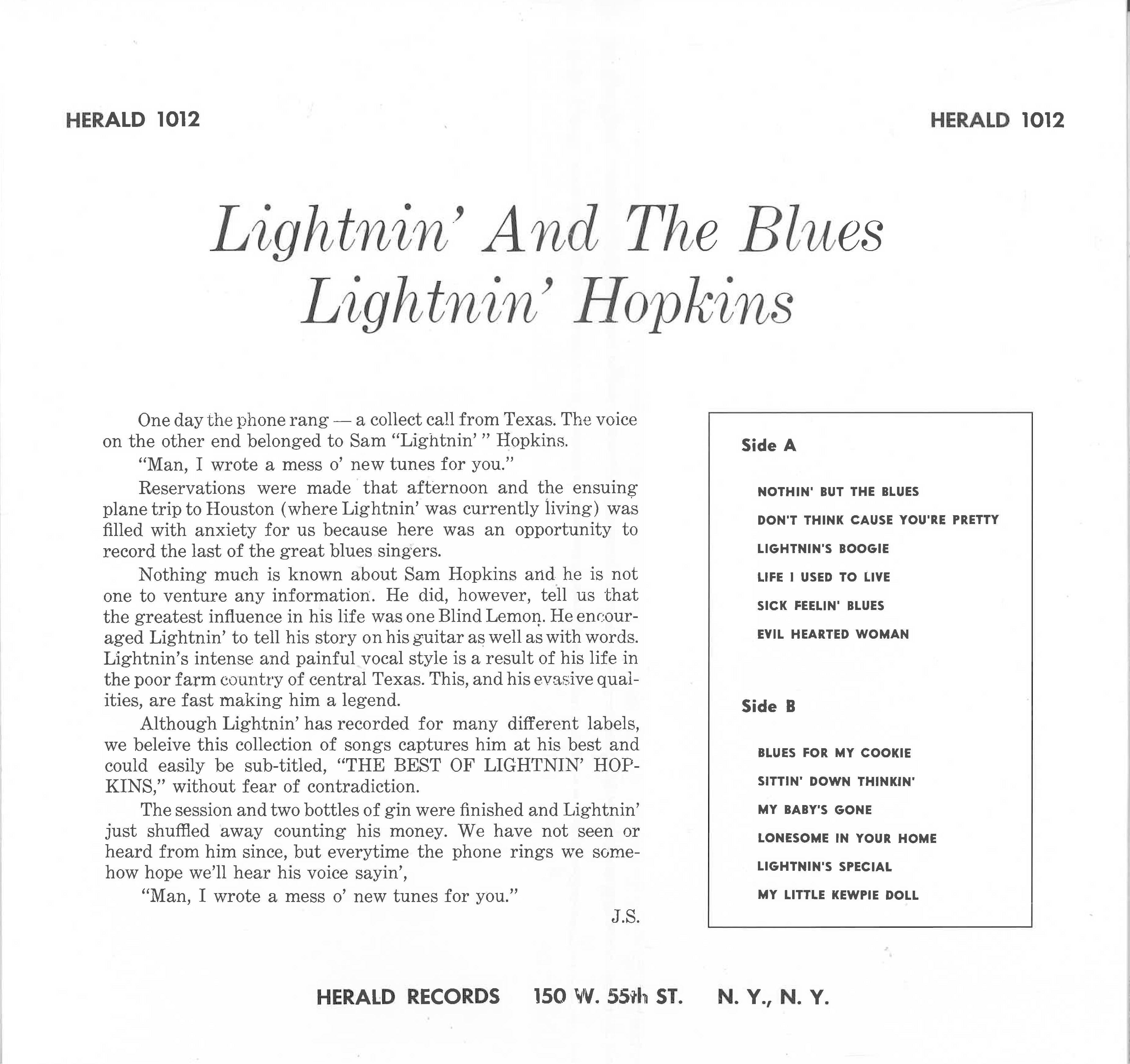 LIGHTNIN’ HOPKINS (LIGHTNING HOPKINS) (ライトニン・ホプキンス)  - Lightnin’ And The Blues (US 定復刻再発 LP/New)'54〜'55年シングル編集コンピ