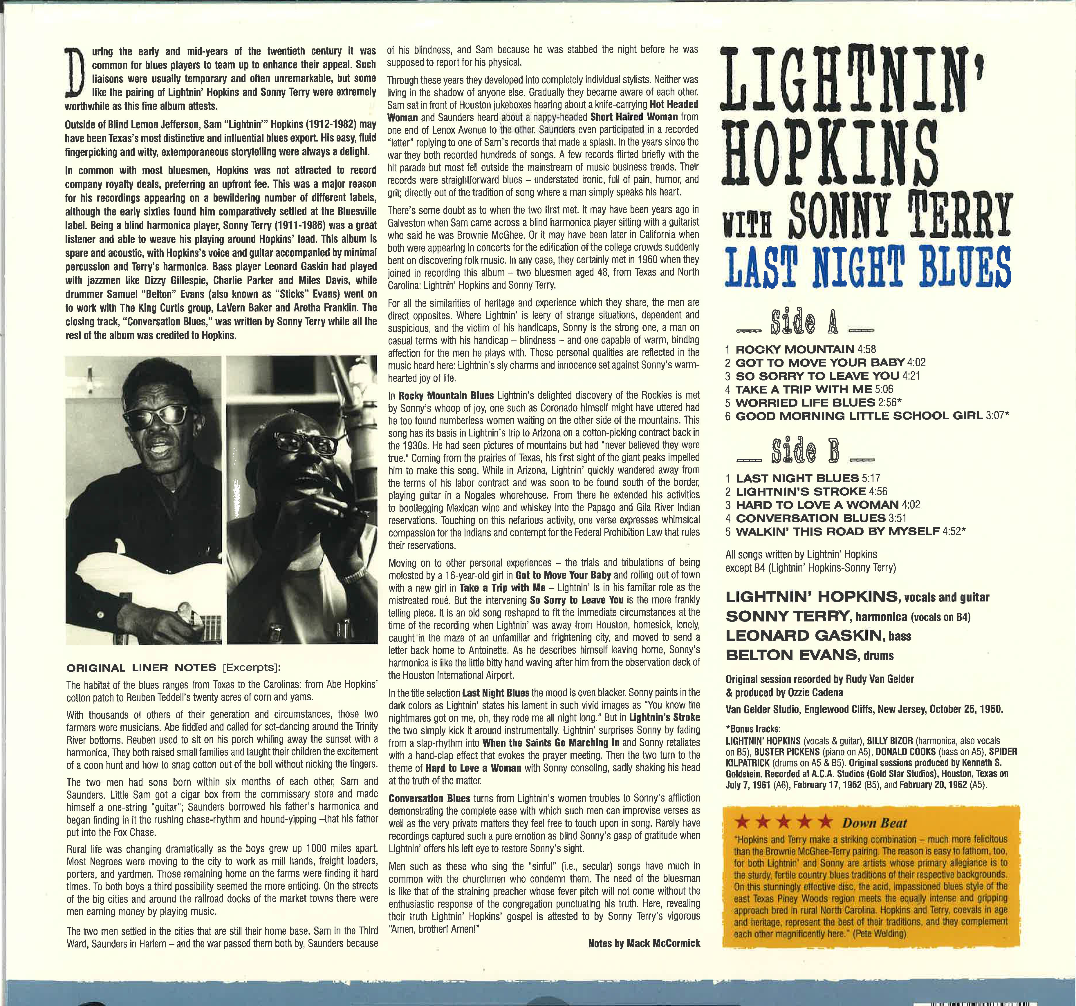 LIGHTNIN’ HOPKINS (LIGHTNING HOPKINS) & SONNY TERRY (ライトニン・ホプキンス & サニー・テリー)  - Last Night Blue (EU 限定復刻ボーナス入り再発180g LP/New)