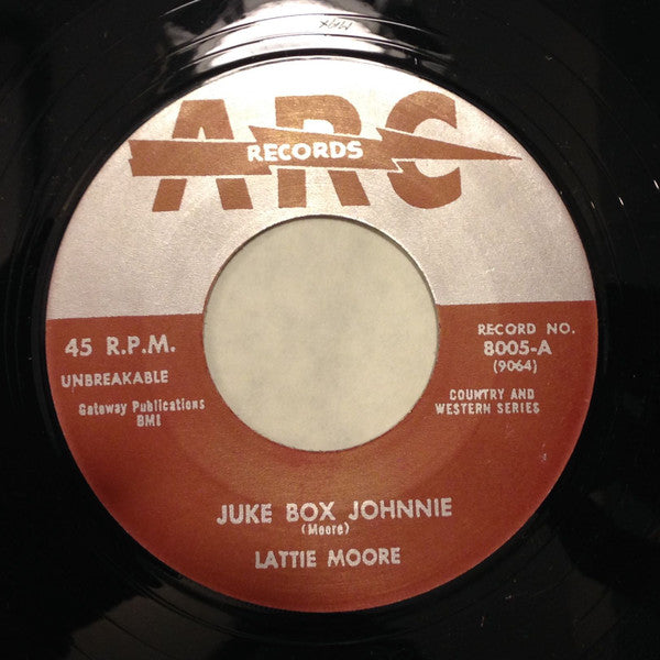 LATTIE MOORE (ラティ・ムーア)  - Juke Box Johnnie / Pretty Woman Blues (US 限定リプロ再発「黒盤」7インチ/New) 両面共ロッキン・ホンキートンク・ヒルビリー名曲！