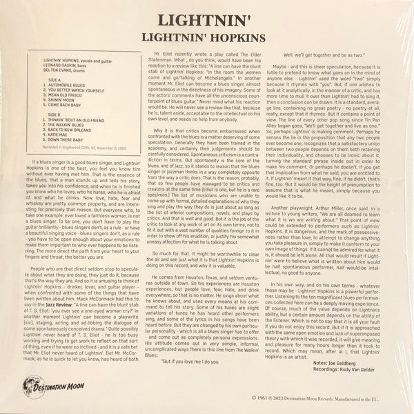 LIGHTNIN’ HOPKINS (LIGHTNING HOPKINS) (ライトニン・ホプキンス)  - Lightnin' : The Blues of Lightnin' Hopkins (EU 限定500枚復刻再発「クリア VINYL」LP/New)