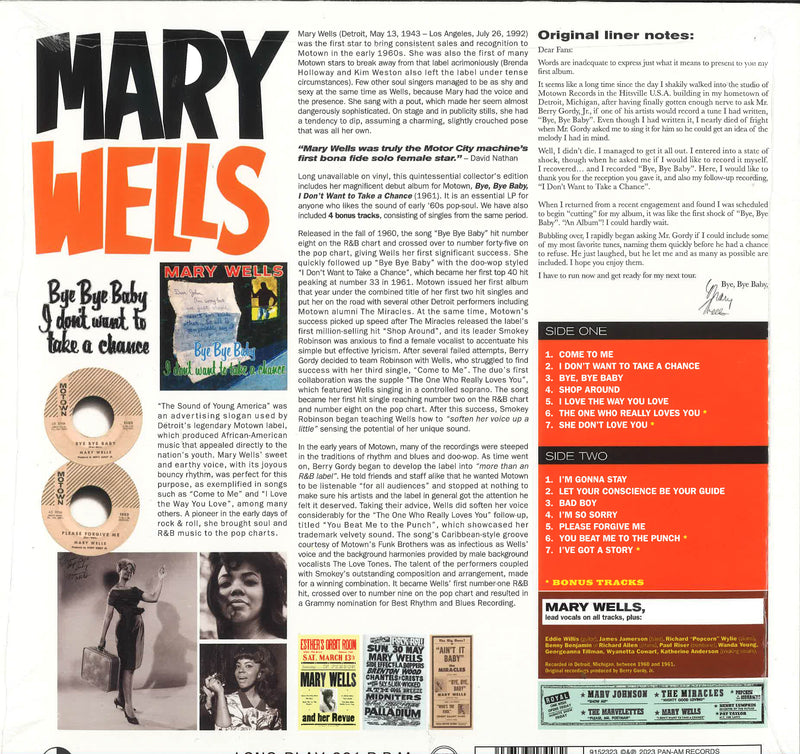 MARY WELLS (メアリー・ウェルズ)  - Bye Bye Baby (EU 限定ボーナス入り復刻再発180g LP/New)