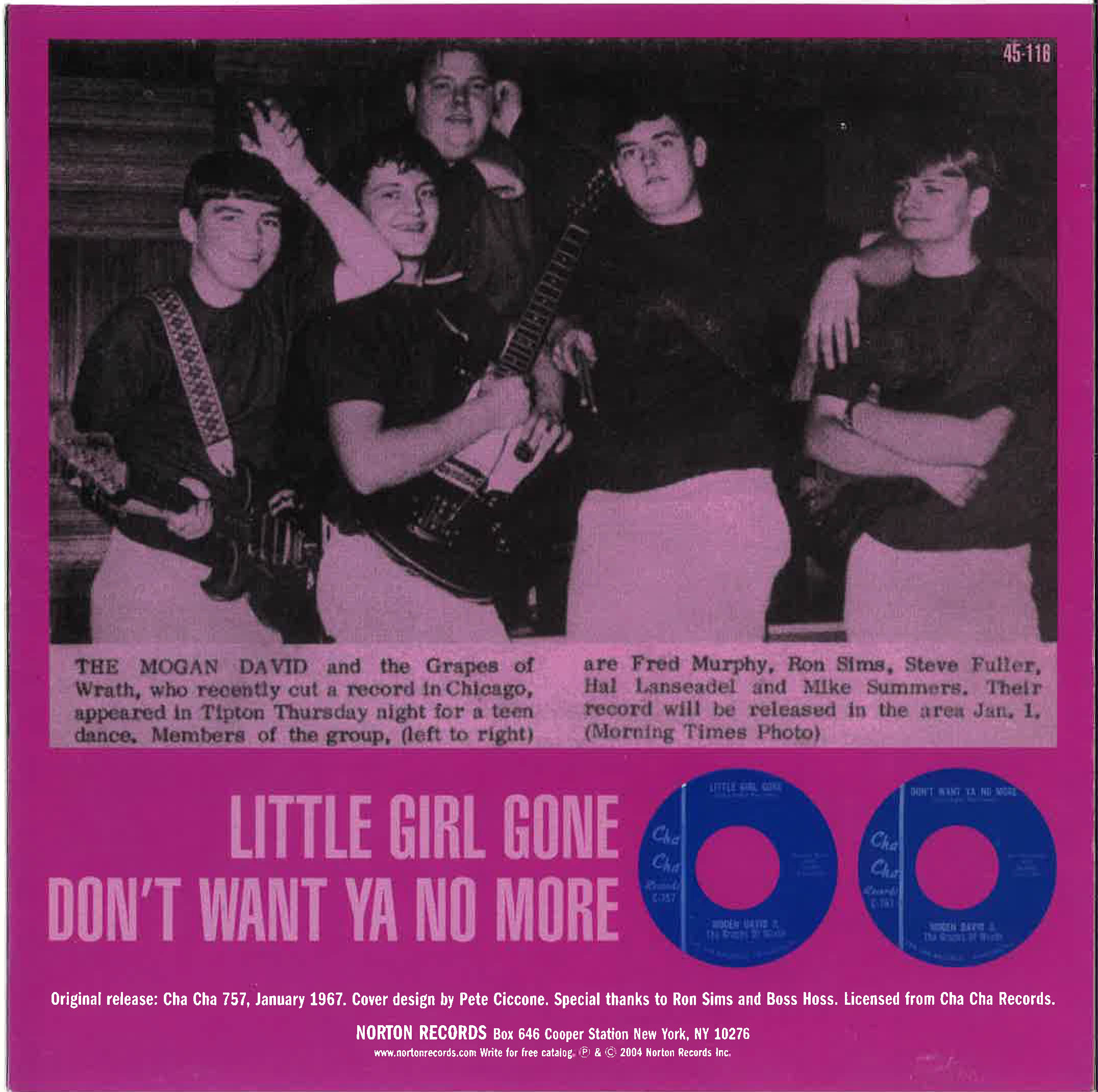 MOGEN DAVID & THE GRAPES OF WRATH (モーゲン・デヴィッド＆ザ・グレープス・オブ・ラス)  - Little Girl Gone / Don't Want Ya No More (US 限定ジャケ付再発 7" /廃盤 New)