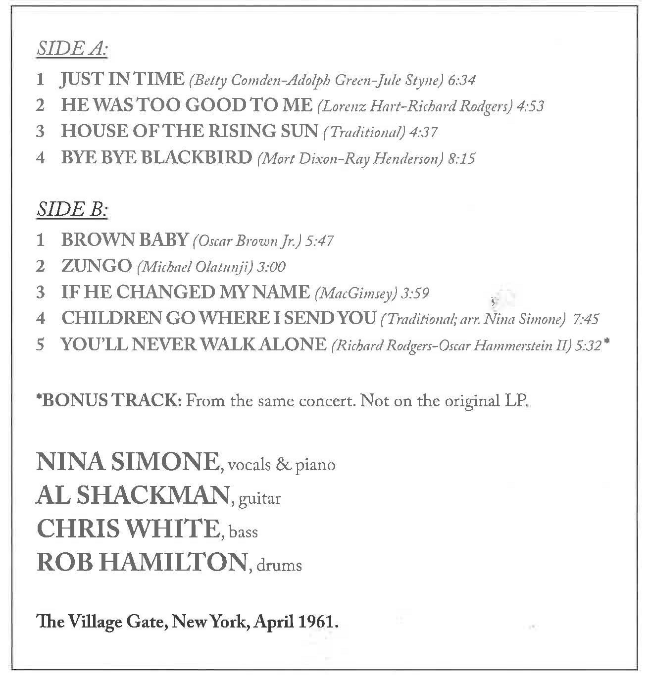 NINA SIMONE (ニーナ・シモン)  - At The Village Gate (EU 限定復刻ボーナス入り再発180g LP/New-WaxTime 771912)