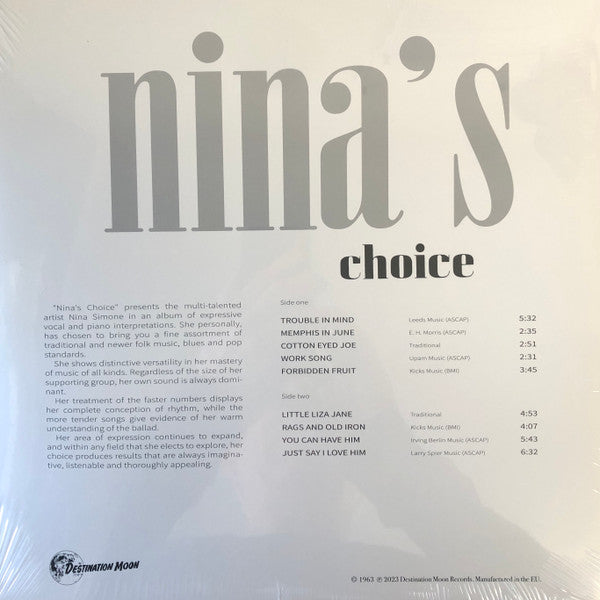 NINA SIMONE (ニーナ・シモン)  - Nina's Choice (EU 500枚限定復刻再発「クリア・ヴァイナル」LP/New)