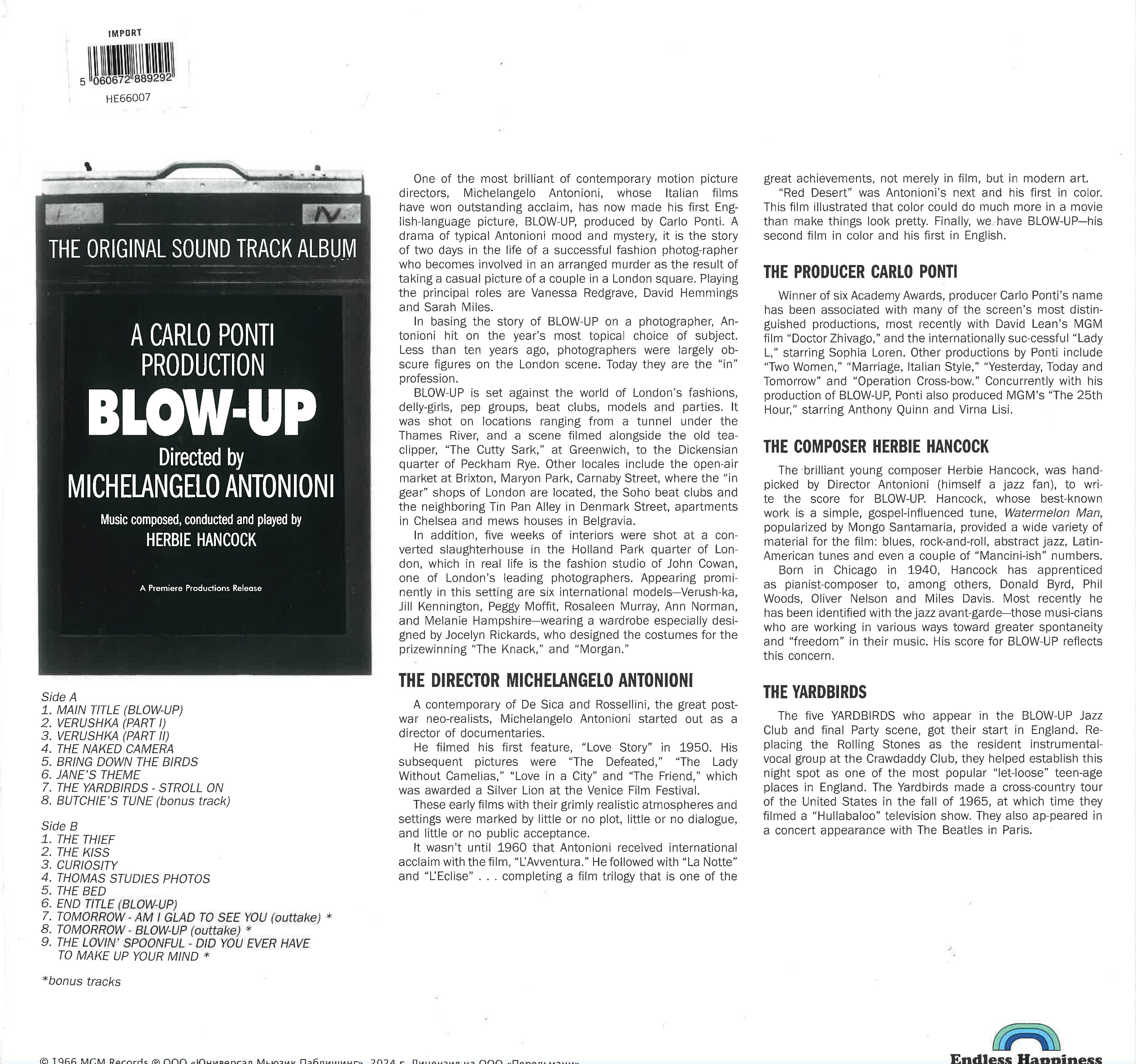 O.S.T. (ヤードバーズ、ハービー・ハンコック収録サントラ)  - Blow Up [欲望] (EU 限定ボーナス入り再発 LP-見開きジャケ/ New) MODサントラ大名作！