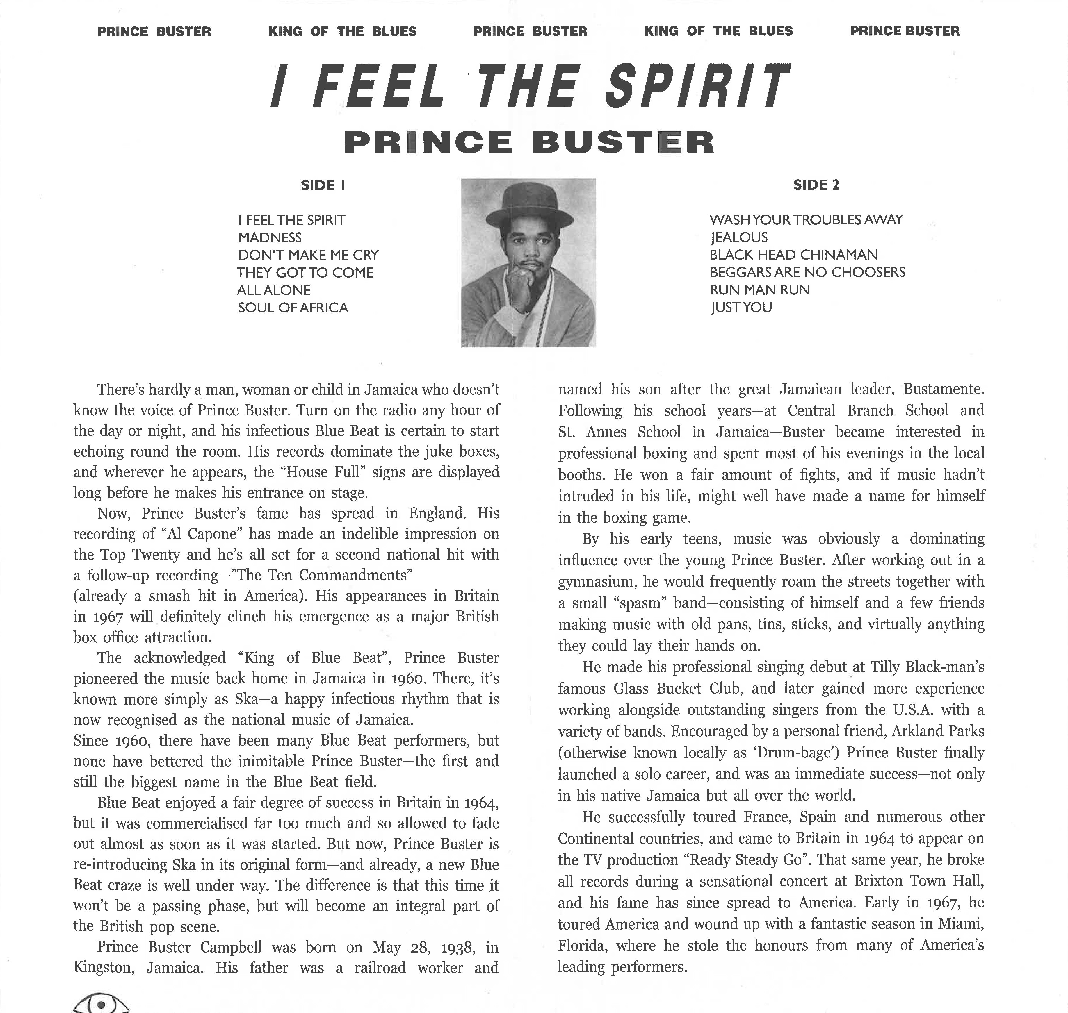 PRINCE BUSTER (プリンス・バスター)  - I Feel The Spirit (ギリシャ限定復刻再発「ブルーVINYL」LP /New OJO25011 ) ジャマイカンSKA界巨匠'63年デビューアルバム！