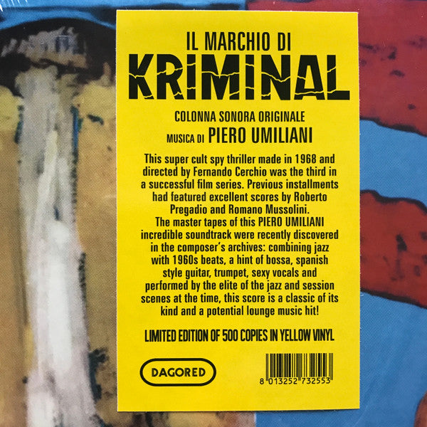 O.S.T.(サントラ) PIERO UMILIANI (音楽 : ピエロ・ウミリアーニ )  - Il Marchio Di Kriminal  (Italy 500枚限定イエロー・ヴァイナル LP/New)