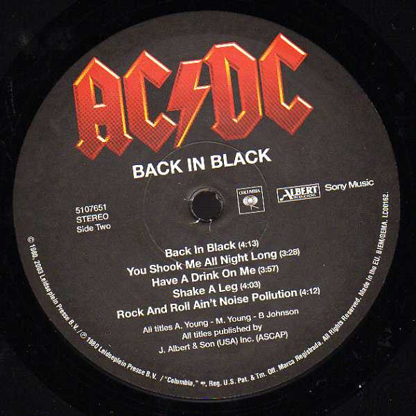 AC/DC (エーシー・ディーシー)  - Back In Black (EU 限定「リマスター再発」LP/ New)