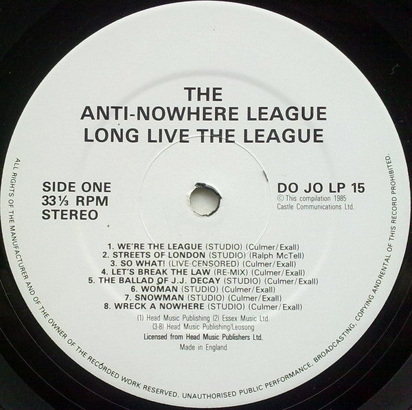 ANTI-NOWHERE LEAGUE (アンチ‐ノーウェア・リーグ) - Long Live The League (UK オリジナル LP)