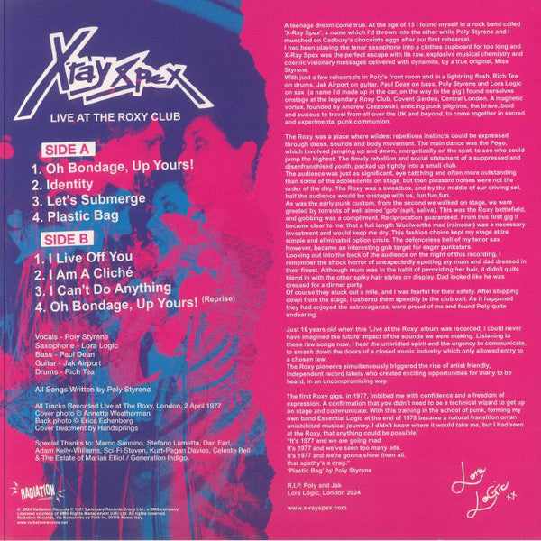 X-RAY SPEX (エックス・レイ・スペックス)  - Live At The Roxy Club (Italy 限定再発「ブラックヴァイナル」LP/ New)