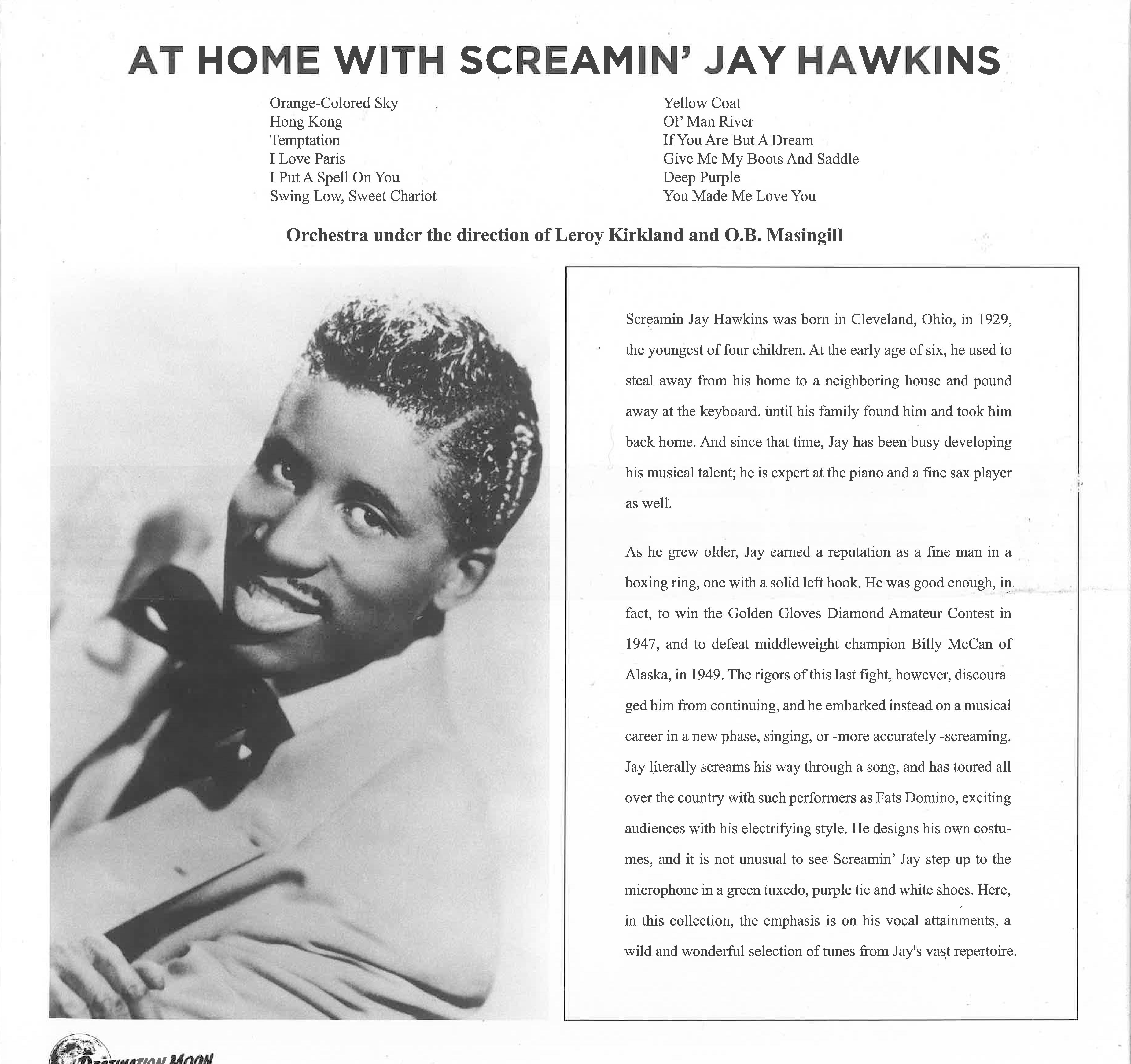 SCREAMIN’ JAY HAWKINS (スクリーミン・ジェイ・ホーキンス)  - At Home With Screamin' Jay Hawkins (EU 限定500枚ナンバリング入り再発「クリア VINYL」LP/DMOO-083)58年デビュー・アルバム