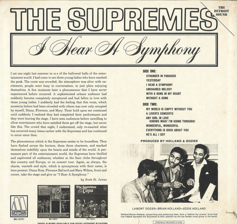 SUPREMES (スプリームス / シュプリームス)  - I Hear A Symphony (US 80's 再発ステレオ LP/バーコードなしジャケ) 廃盤新品シールド、カット盤