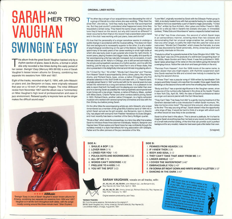 SARAH VAUGHAN (サラ・ヴォーン)  - Swingin' Easy (EU 限定1000枚ナンバリング入り、ボーナス入り再発180g LP/New)