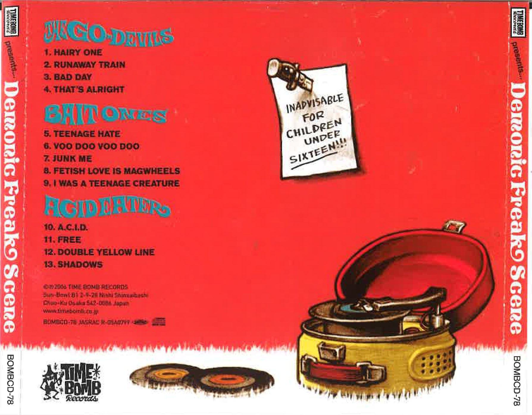 V.A.(ACID EATER/ BAITONES/ GO-DEVILS 関西ガレージコンピ) - Demonic Freak Scene (Japan  タイムボム限定 CD/New) 秘境関西ガレージ3バンド・コンピ。ジャケはロッキンジェリービーン