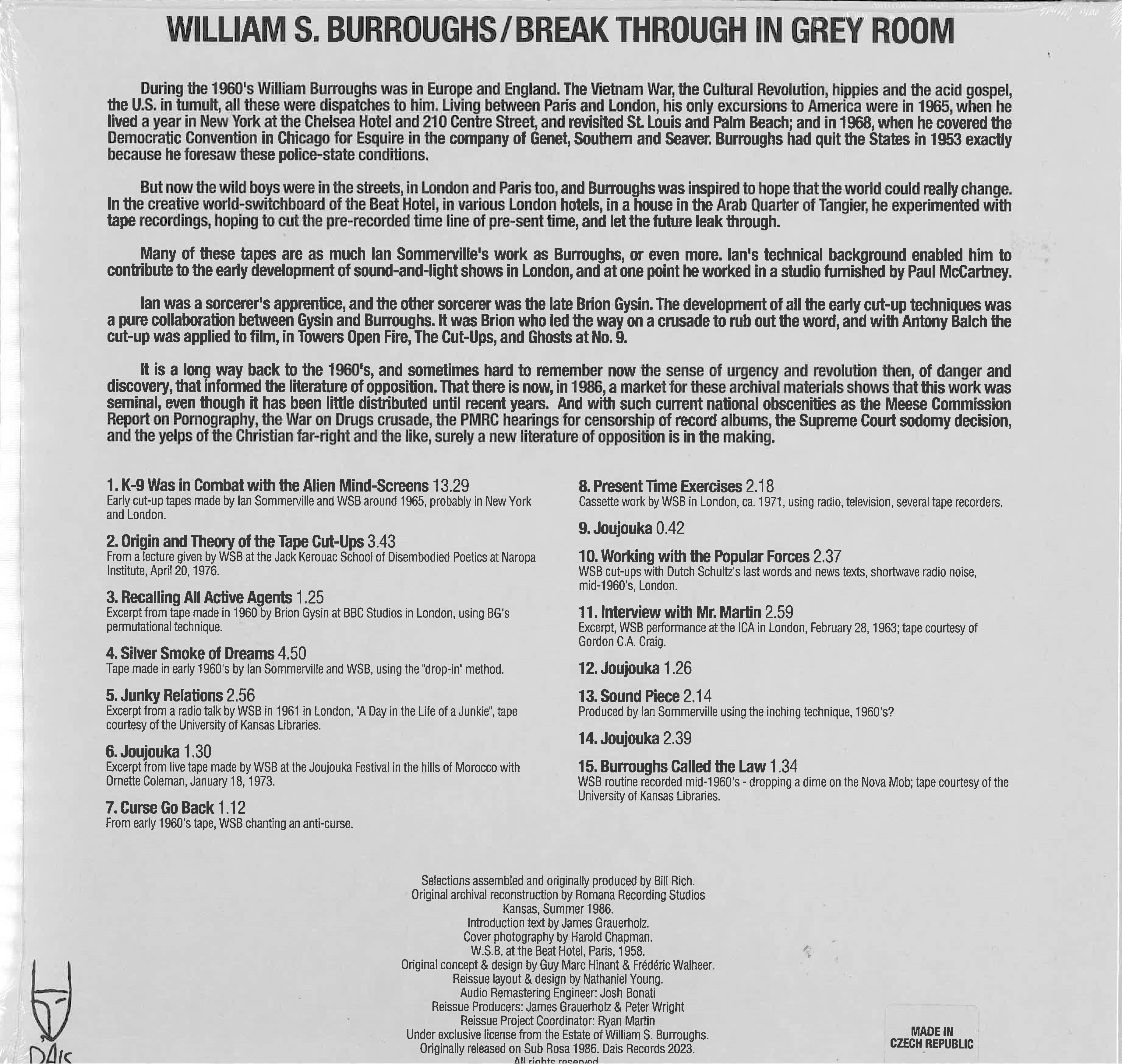 WILLIAM S. BURROUGHS (ウィリアム・S・バロウズ)  - Break Through In Grey Room (US 750枚限定復刻再発クリア・ヴァイナル LP/New)