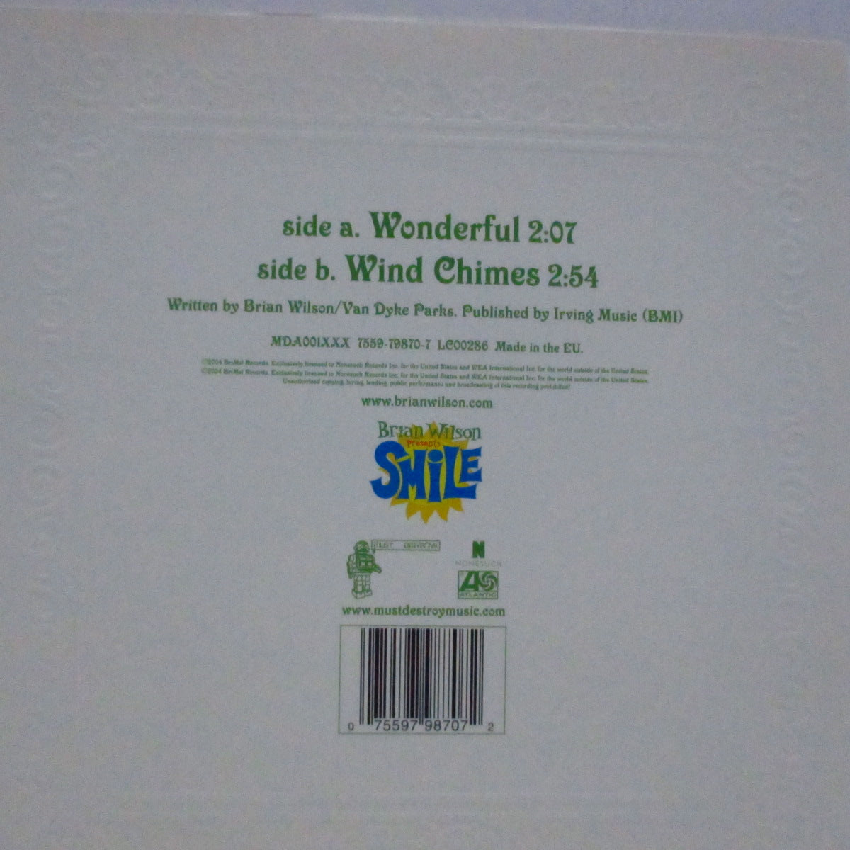 BRIAN WILSON (ブライアン・ウィルソン)  - Wonderful (EU Orig.Yellow Vinyl 7"+Printed PVC)