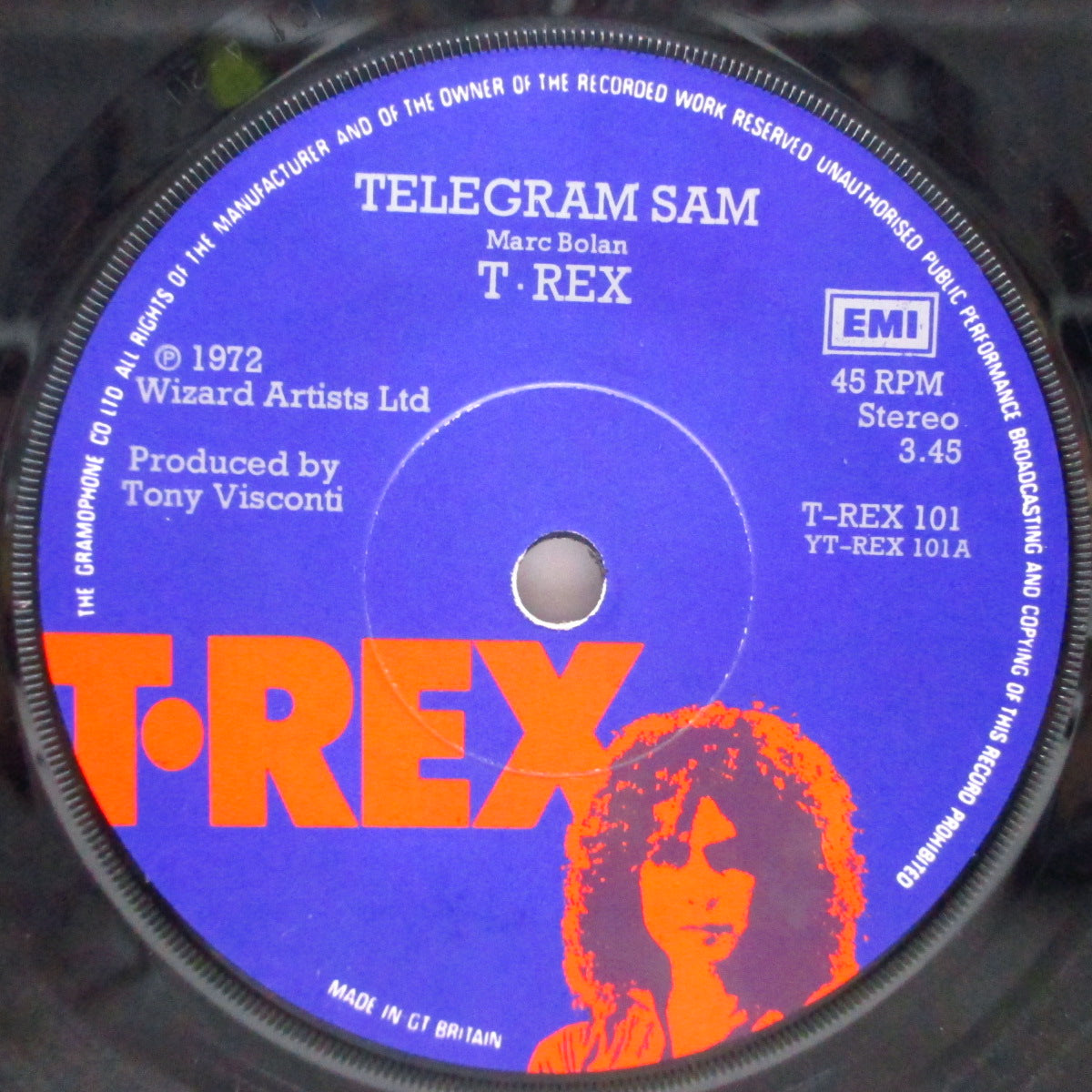 T.REX (Ｔ・レックス)  - Telegram Sam +2 (UK オリジナル「フラットセンター」7"+プリント・スリーヴ)