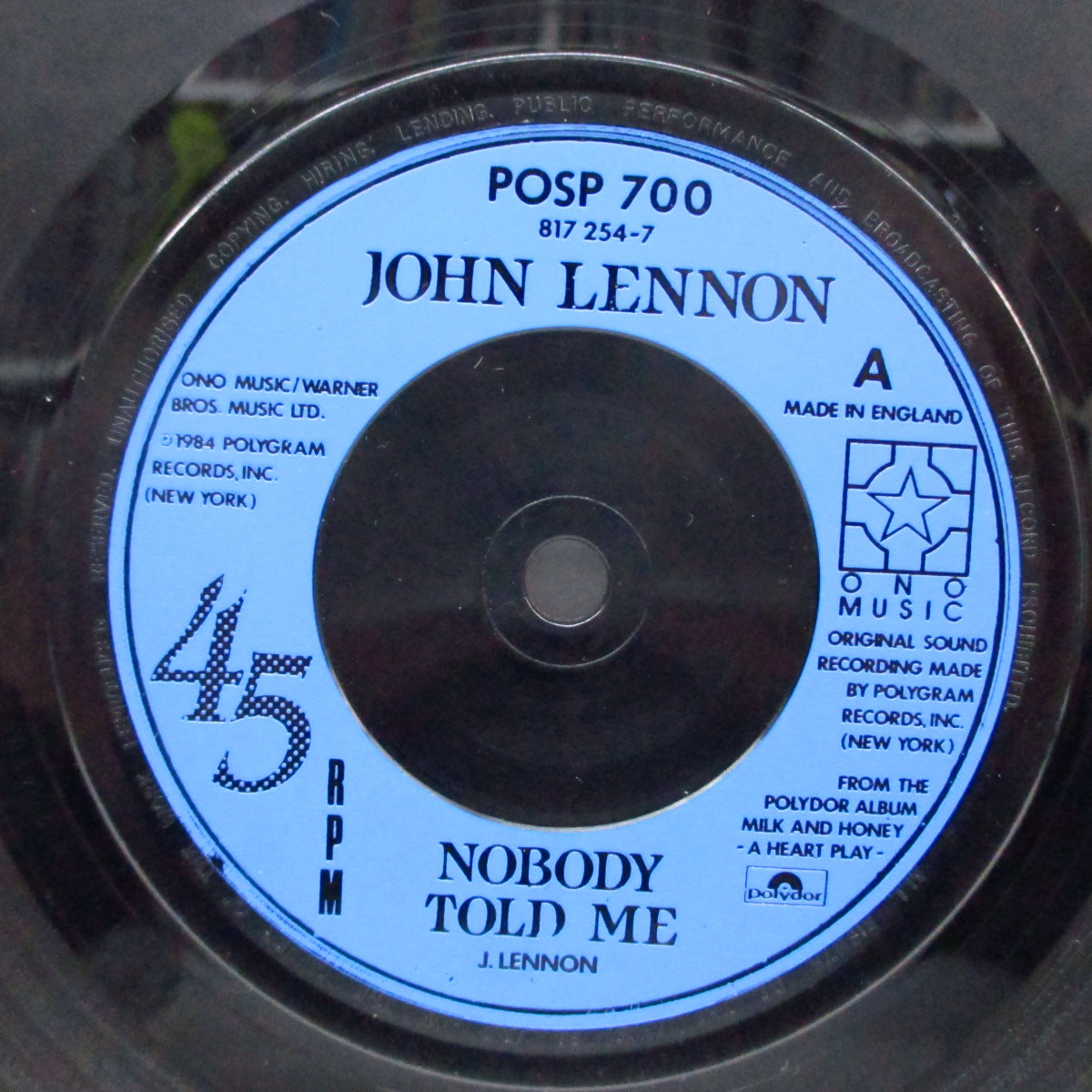 JOHN LENNON (ジョン・レノン)  - Nobody Told Me (UK オリジナル「青プララベ#1、小穴フラットセンター7"+光沢固紙ジャケ) 