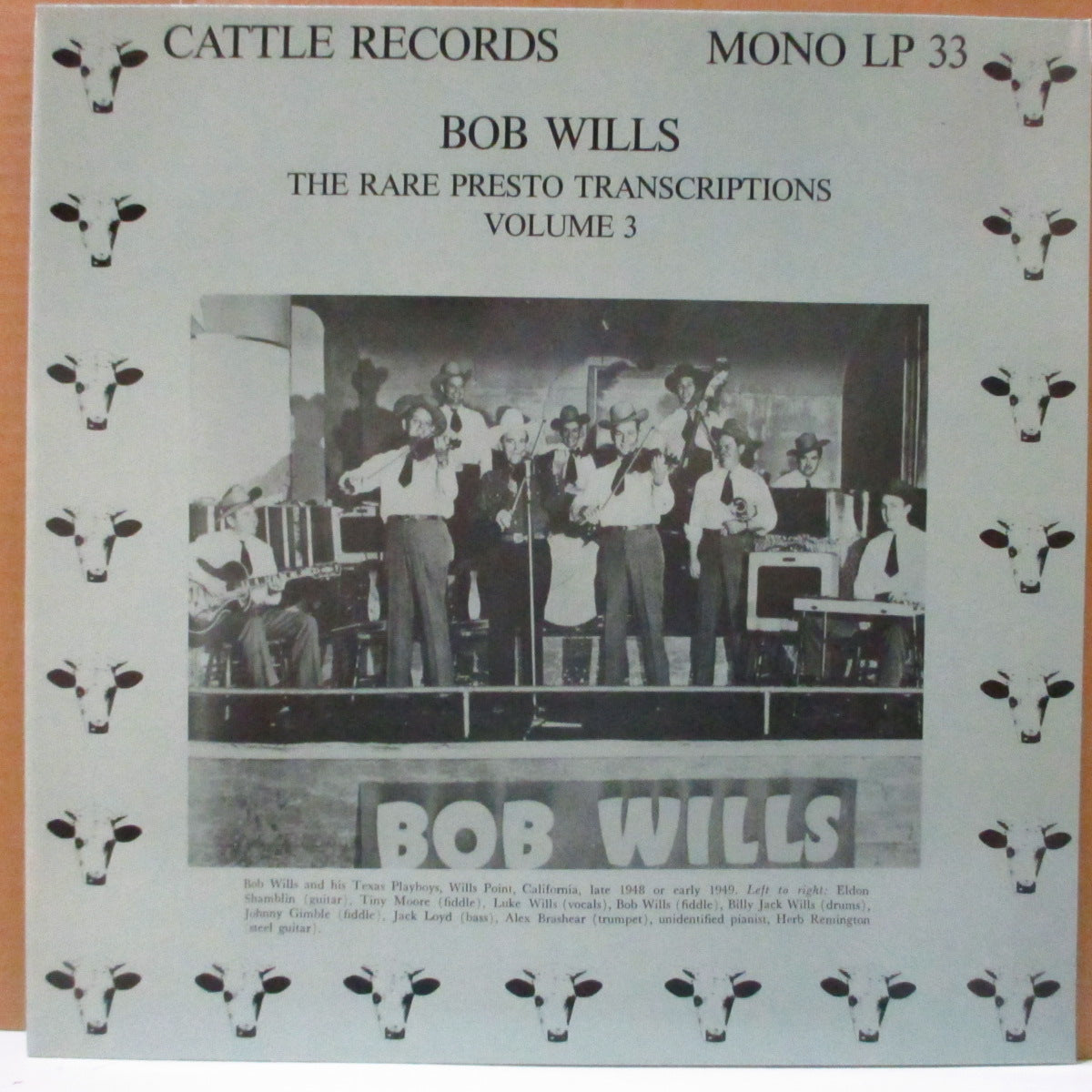 BOB WILLS  (ボブ・ウィルズ)  - The Rare Presto Transcriptions Vol.3 (German オリジナル Mono LP)