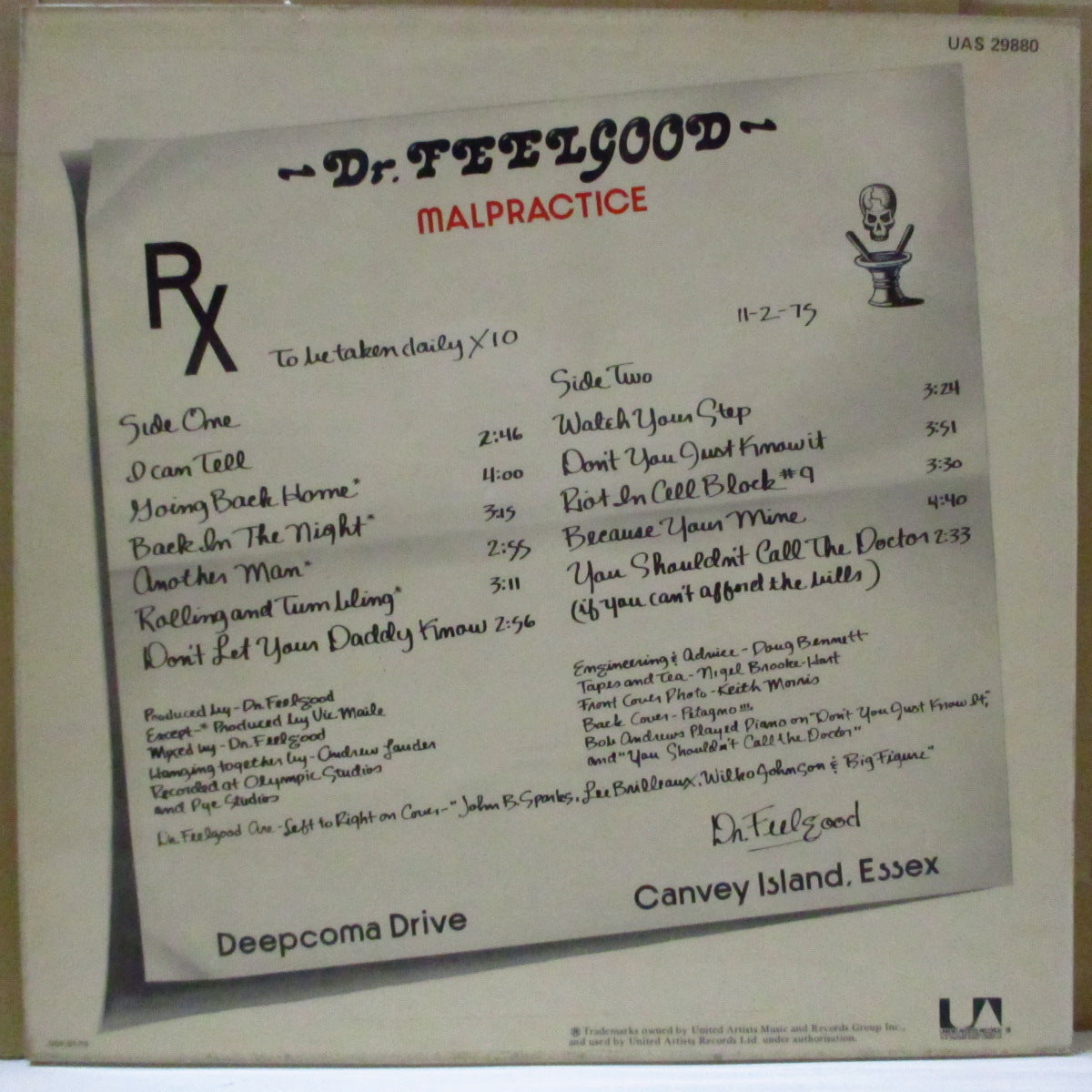 DR.FEELGOOD (ドクター・フィールグッド)  - Malpractice (UK オリジナル LP/裏面プリンターコード 「DOF/ST/75」両面コーティング・ジャケ)