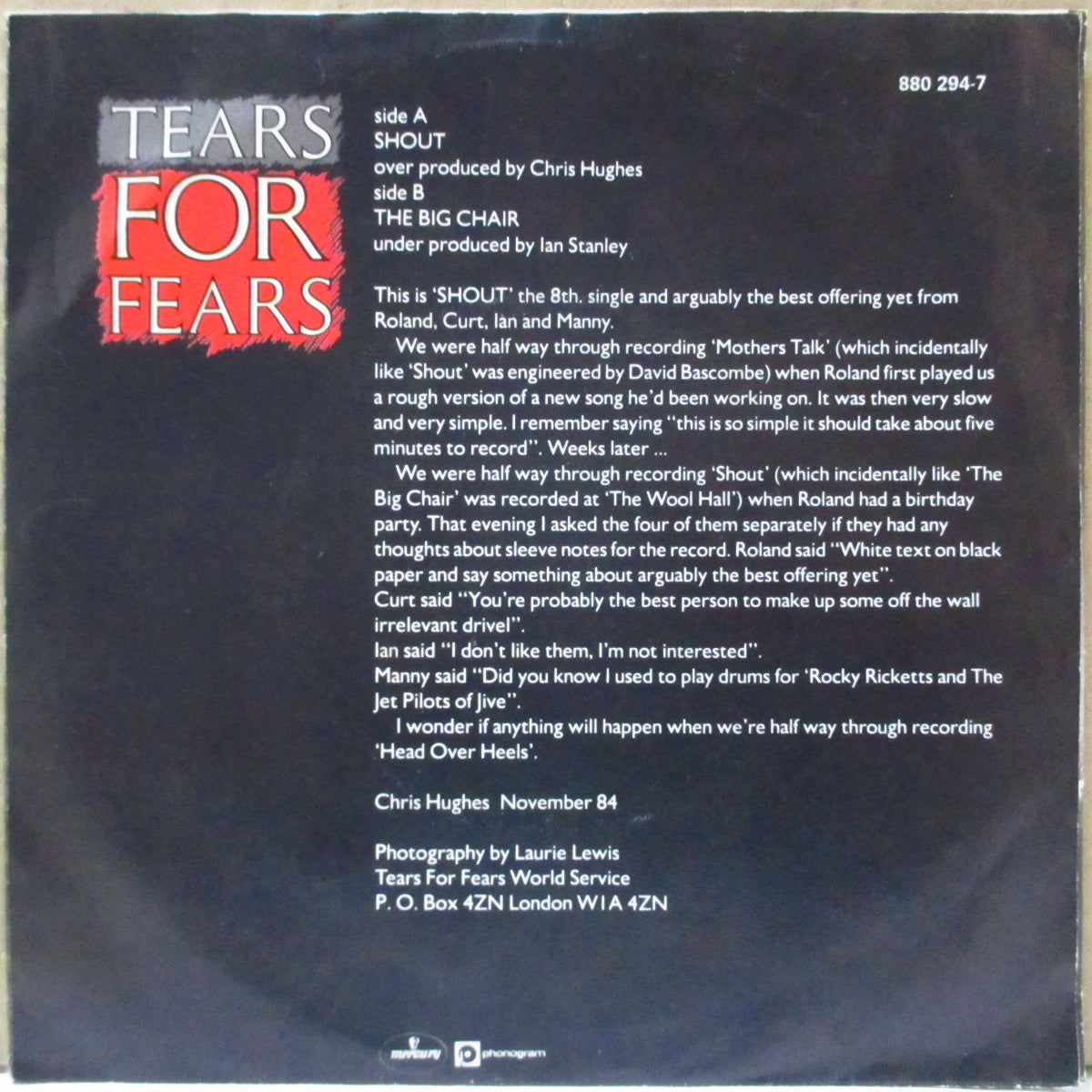 TEARS FOR FEARS (ティアーズ・フォー・フィアーズ)  - Shout (Dutch オリジナル「紙ラベ・ラージホールセンター」 7インチ+絹目ジャケ)