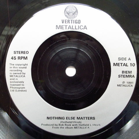 METALLICA (メタリカ) - Nothing Else Matters (UK オリジナル「銀プララベ」フラットセンター7"+光沢固紙製折り返しジャケ)