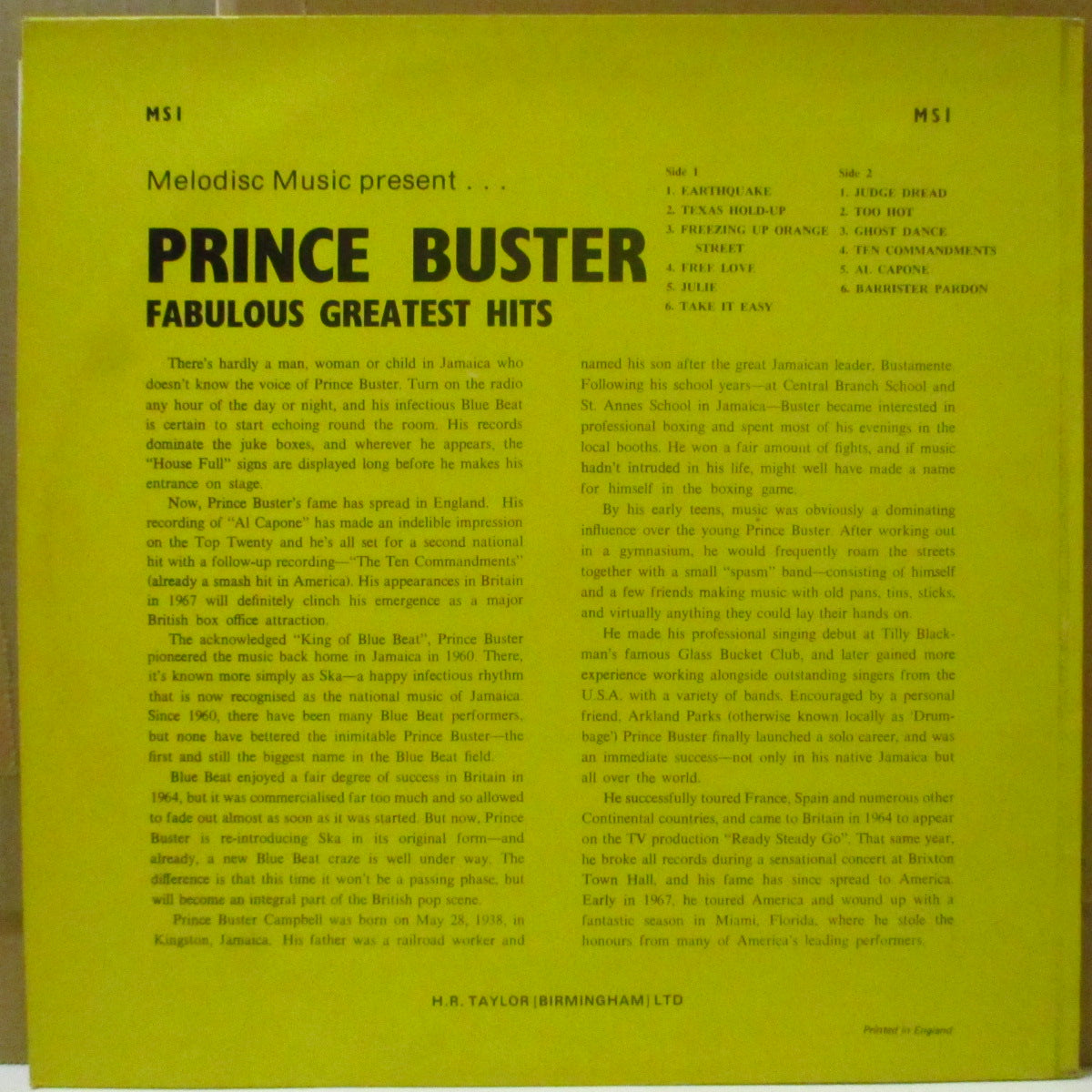 PRINCE BUSTER (プリンス・バスター)  - Fabulous Greatest Hits (UK 70's 再発イエローラベ LP/H.R. TAYLOR表記あり表面コーティングイエロージャケ)