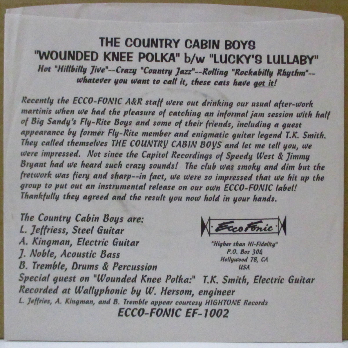 COUNTRY CABIN BOYS, THE (ザ・カントリー・キャビン・ボーイズ)  - Wounded Knee Polka (US オリジナル 7")