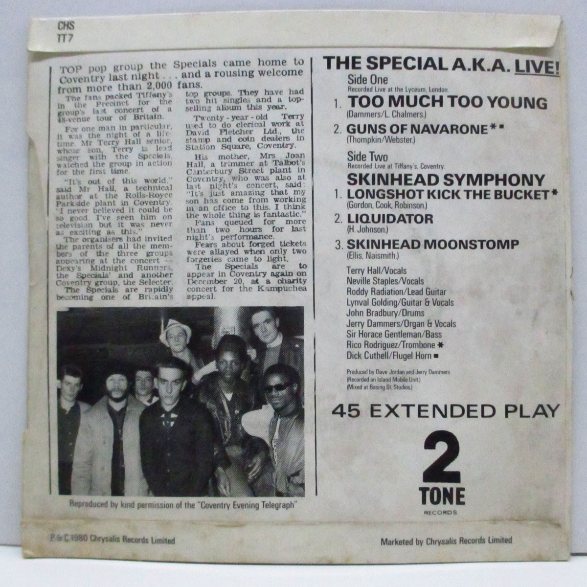 SPECIAL AKA, THE (ザ ・スペシャル AKA)  - Too Much Too Young (UK 80's 再発「銀ラベ、フラットセンター」7"+表面コーティング折り返しジャケ)