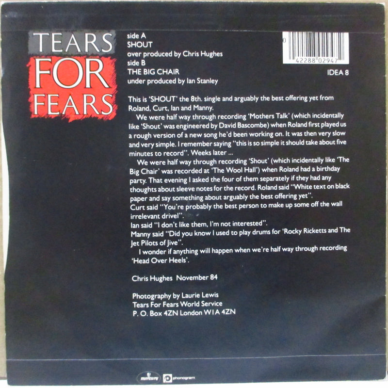 TEARS FOR FEARS (ティアーズ・フォー・フィアーズ) - Shout (UK オリジナル「銀プラスチックラベ  」7インチ+光沢ソフト紙ジャケ)
