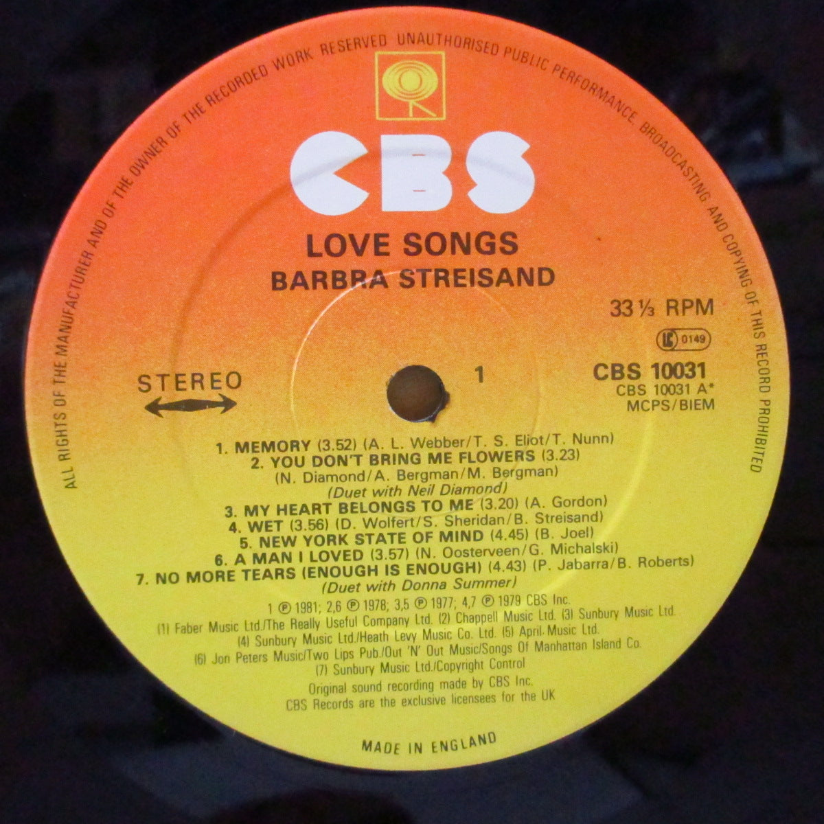 BARBRA STREISAND (バーブラ・ストライサンド)  - Love Songs (UK オリジナル LP+インナー/光沢ジャケ)