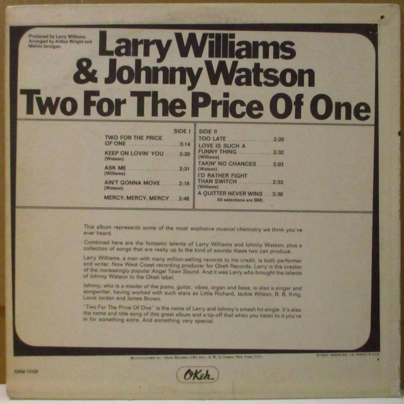 LARRY WILLIAMS & JOHNNY GUITAR WATSON  (ラリー・ウィリアムス & ジョニー・ギター・ワトソン)  - Two For The Price Of One (US Orig.Mono LP)