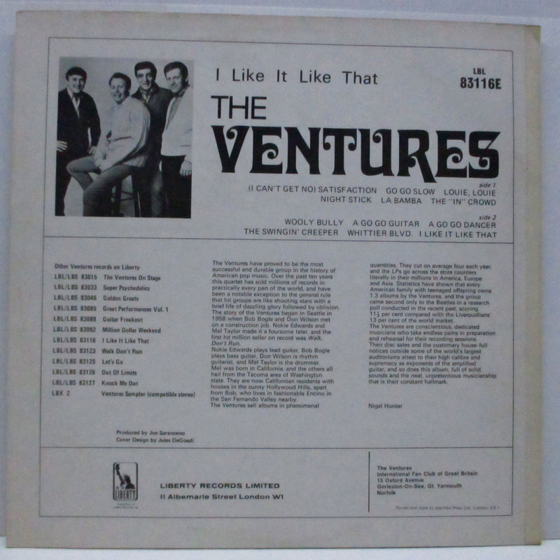 VENTURES (ベンチャーズ)  - I Like It Like That (UK 60's 再発「モノラル」LP/表面コーティングジャケ)