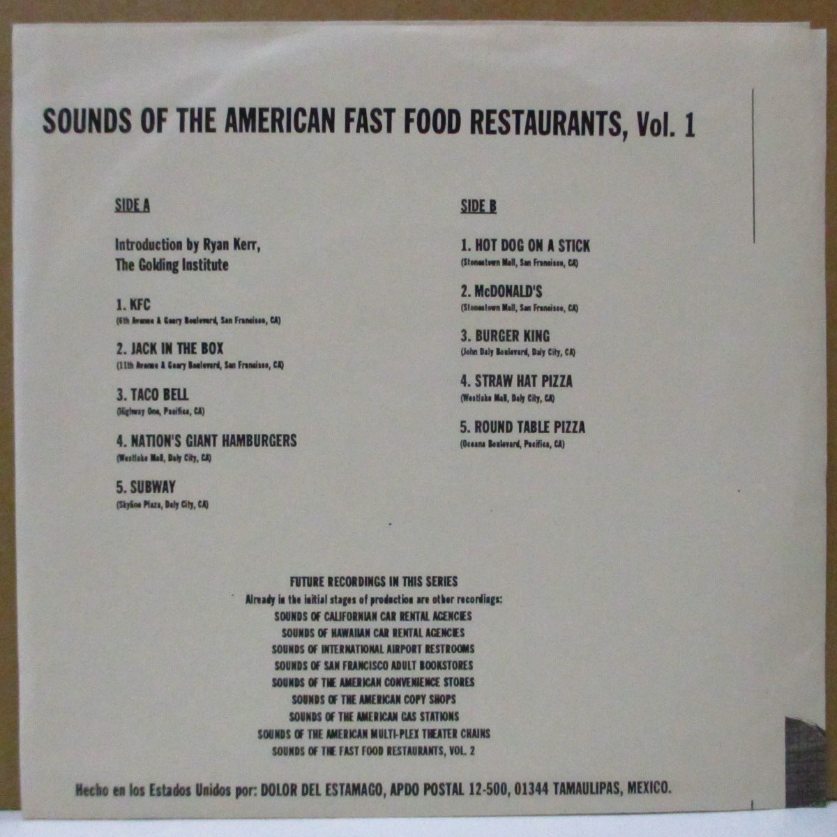 GOLDING INSTITUTE, THE - Sounds Of The American Fast Food Restaurants (Mexico Orig.7")