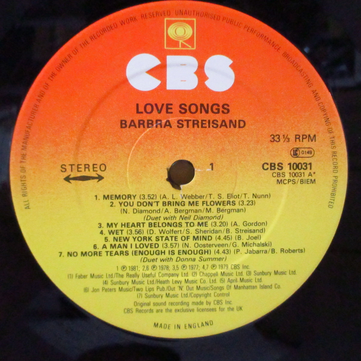 BARBRA STREISAND (バーブラ・ストライサンド)  - Love Songs (UK オリジナル LP+インナー/マットジャケ) 