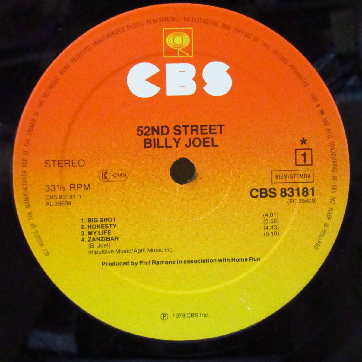 BILLY JOEL (ビリー・ジョエル)  - 52nd Street (EU オリジナル LP+四角インナー,/スタンダードジャケ)