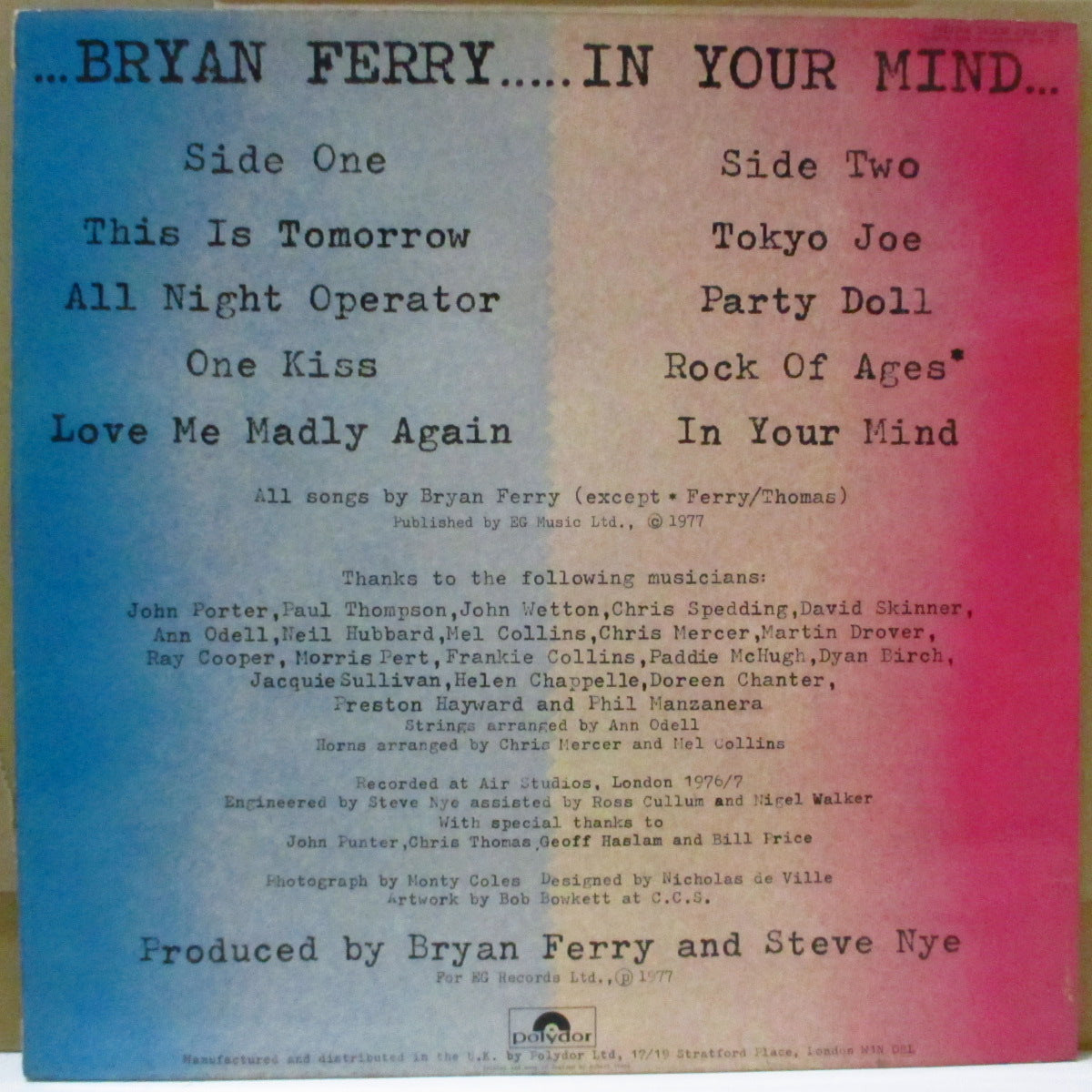 BRYAN FERRY (ブライアン・フェリー)  - In Your Mind (UK オリジナル LP+インナー/両面コーティングジャケ)
