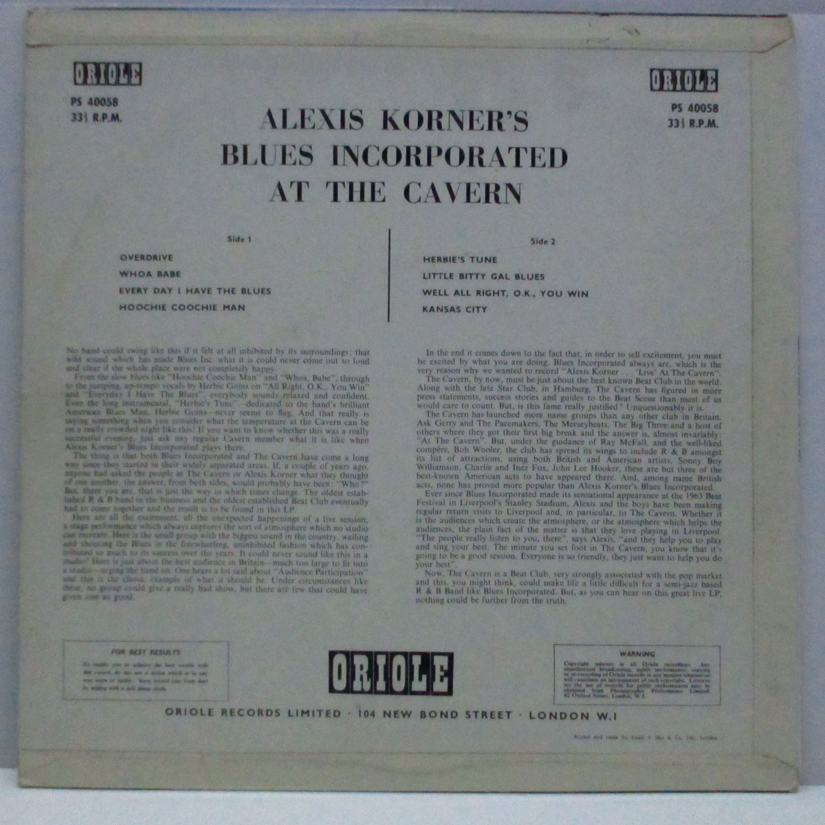 ALEXIS KORNER'S Blues Incorporated (アレクシス・コーナーズ・ブルース・インコーポレイテッド)  - At The Cavern (UK Orig.Mono LP/CFS)