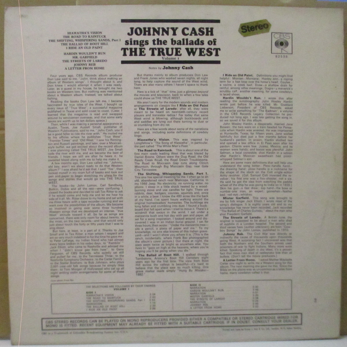 JOHNNY CASH (ジョニー・キャッシュ)  - Sings The Ballads Of The True West Vol.1 (UK Orig.Stereo LP/CS)