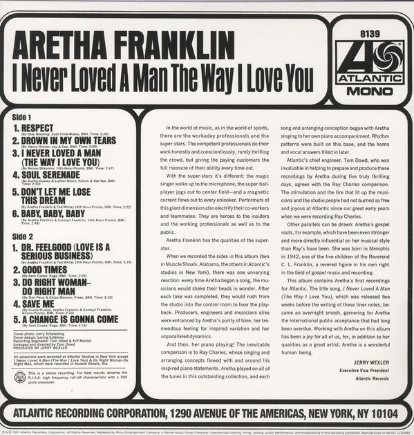 ARETHA FRANKLIN (アレサ・フランクリン)  - I Never Loved A Man The Way I Love You (EU 限定復刻再発180g高音質重量モノラル LP/New)