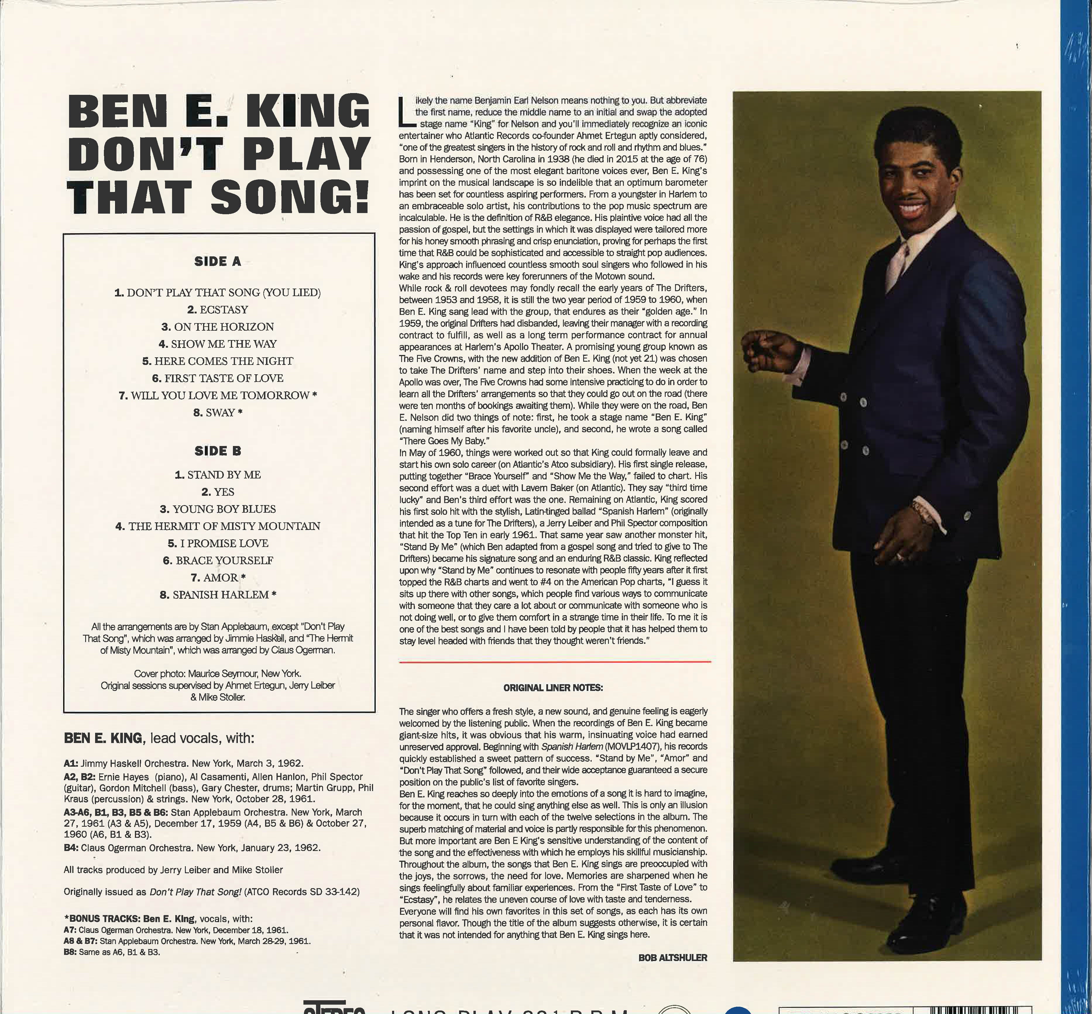 BEN E. KING (ベン E. キング)  - Don't Play That Song (EU 限定復刻再発180g「ブルーVINYL」 LP) '62年ソロ・サードアルバム