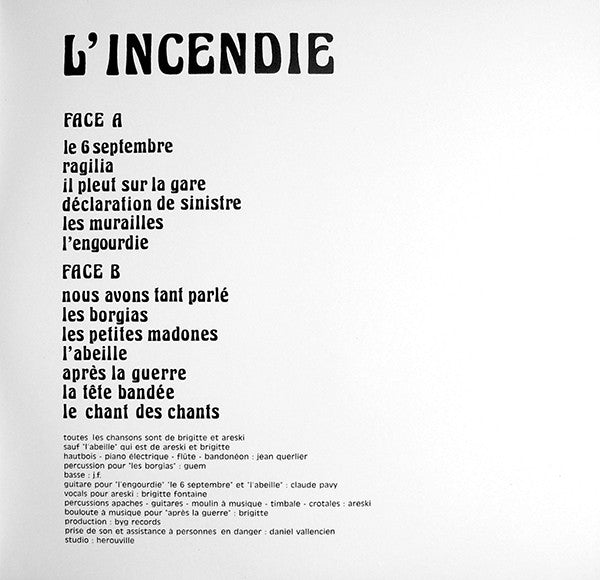 BRIGITTE FONTAINE & Areski  (ブリジット・フォンテーヌ & アレスキー)  - L'Incendie (US Limited Reissue 180g LP/New)