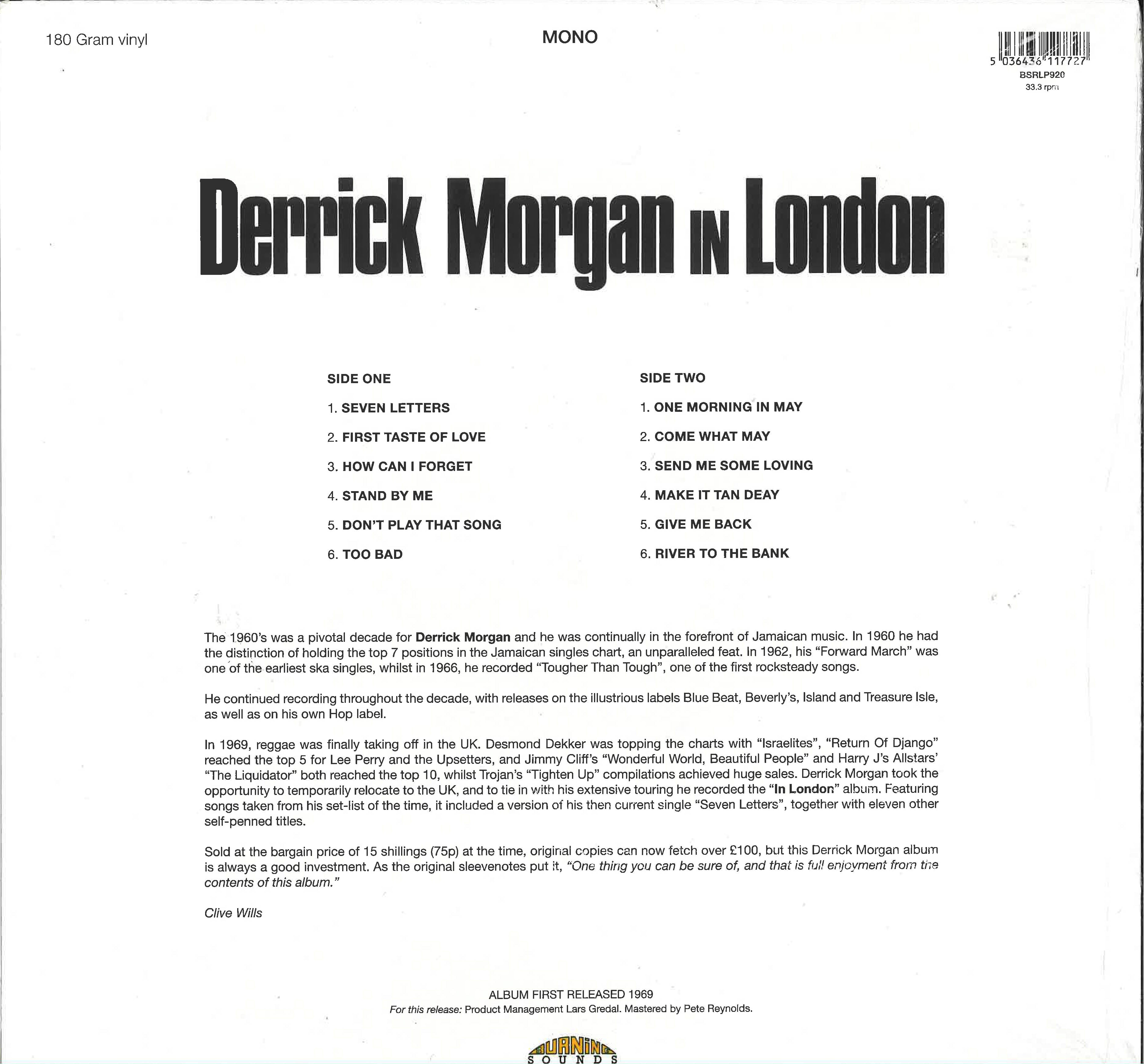DERRICK MORGAN (デリック・モーガン)  - Derrick Morgan In London (UK K限定復刻再発モノラル LP/New) '69年セカンド・アルバム。高速スキンヘッド・ロックステディ名曲満載！