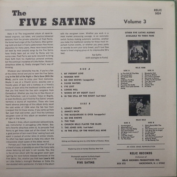 FIVE SATINS (ファイブ・サテンズ)  - Greatest Hits Vol.3 (US Ltd.Reissue LP/New)