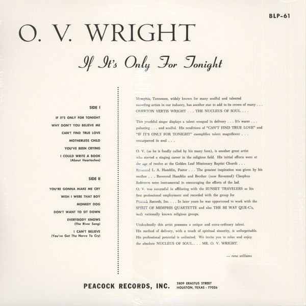 O.V.WRIGHT (オー・ヴイ・ライト)  - (If It Is) Only For Tonight (US Ltd.Reissue LP/New)