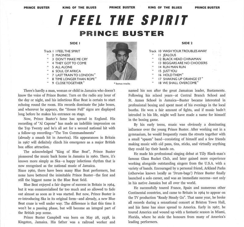 PRINCE BUSTER (プリンス・バスター)  - I Feel The Spirit (EU 500枚限定復刻再発180g「ブルーVINYL」 LP/New)