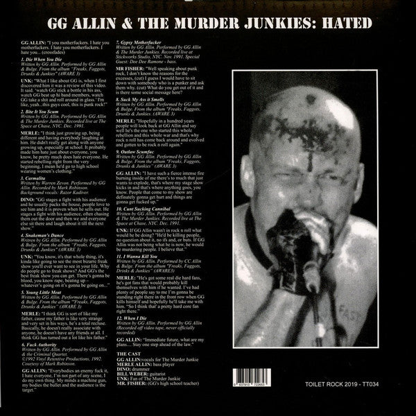 GG ALLIN & THE MURDER JUNKIES (GG アリン & ザ・マーダー・ジャンキーズ) - Hated : The Original Soundtrack to the Todd Phillips Film (US 限定再発 LP/ New)