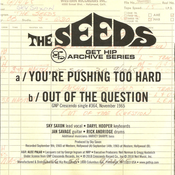 SEEDS (シーズ)  - You're Pushing Too Hard  (US Ltd. Reissue 7"+PS/New)