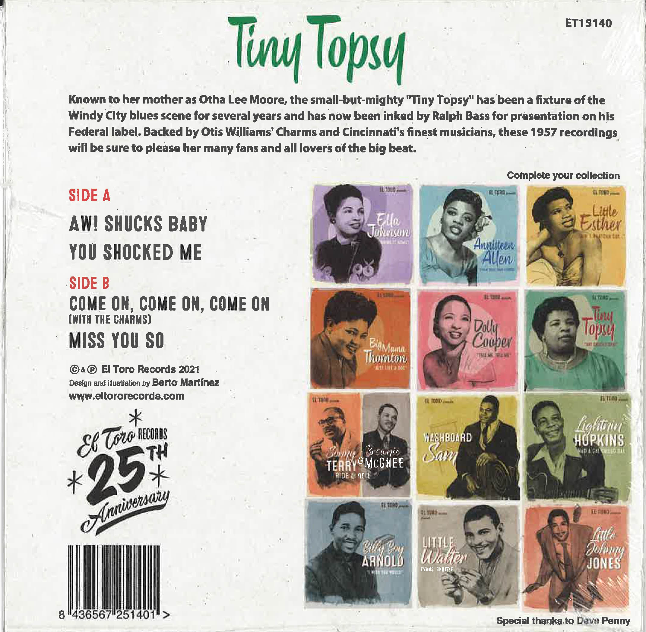 TINY TOPSY (タイニー・トプシー)  - Aw! Shucks Baby +3 (Spain 限定ジャケ付き再発4曲入り 7"EP/New)